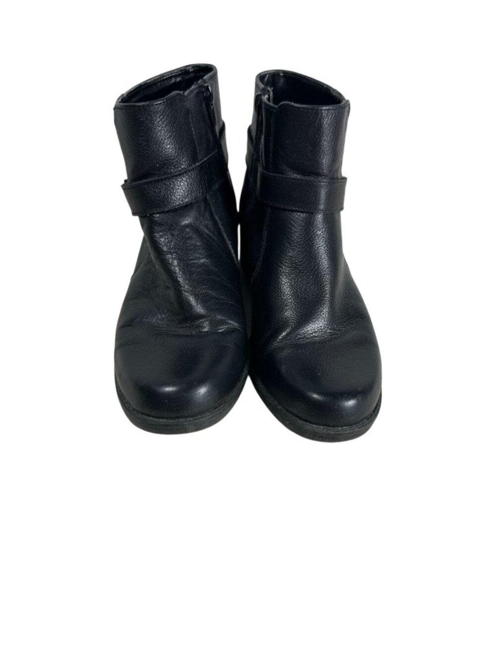 Anne Klein Black Leather Ankle Boots Size 7M With Side Zipper & Strap Detail